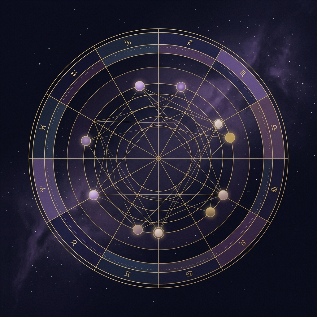 Eira natal chart emblem — gold linework with zodiac glyphs and planetary orbs