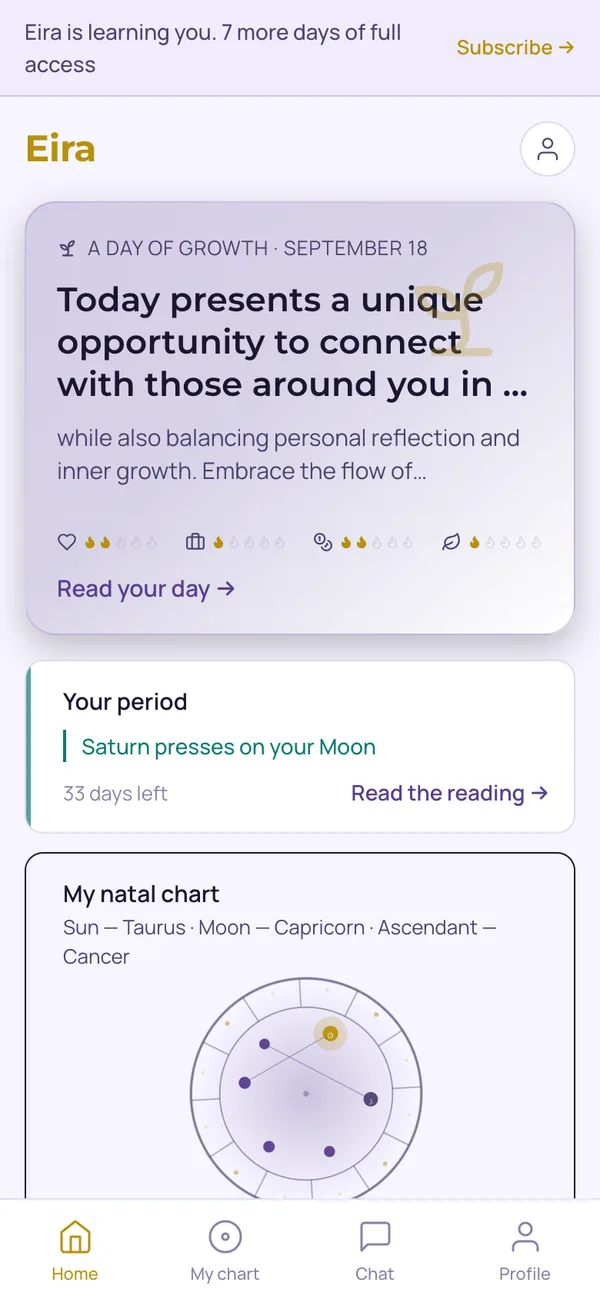 Eira — Home screen: Your chart, life spheres, karma and forecasts, all one tap away.