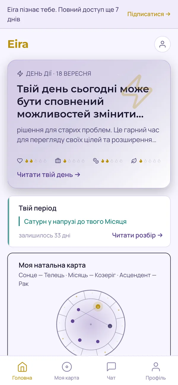 Eira — Головний екран: Карта, сфери життя, карма і прогнози — все в одному місці.